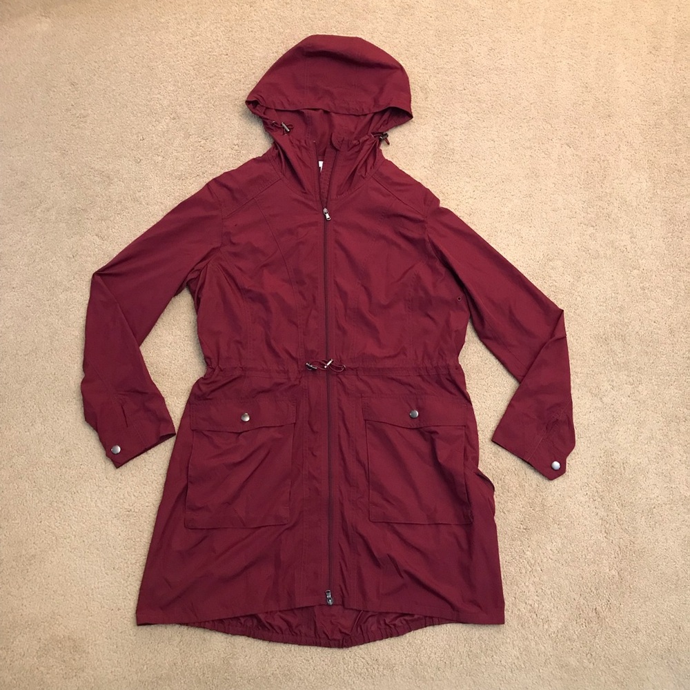 J Jill Fit Thin Lightweight Zip Up Jacket Size S Burgundy Wine Hood Pockets Flaw